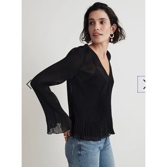 Madewell $82 Pleated Flare Sleeve Top Black Size XS NN935 - Picture 2 of 7